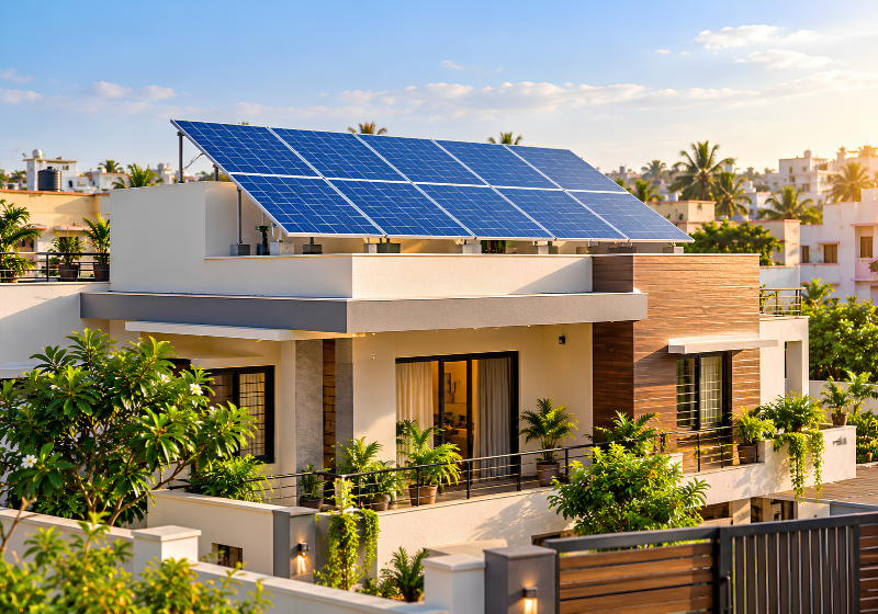 Residential home with rooftop solar panels